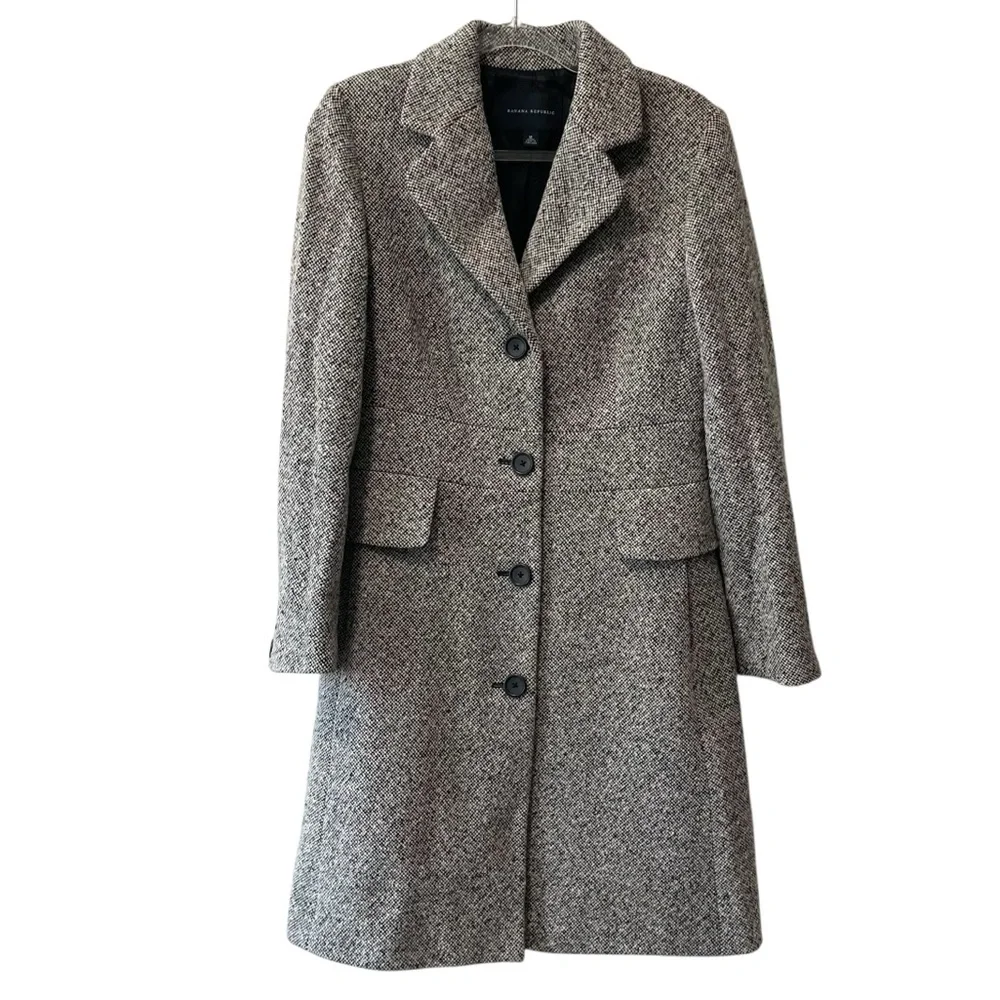 Banana Republic Tweed Wool Blend Notch Colar Long Sleeve Coat Black Ivory Size M - Picture 1 of 8